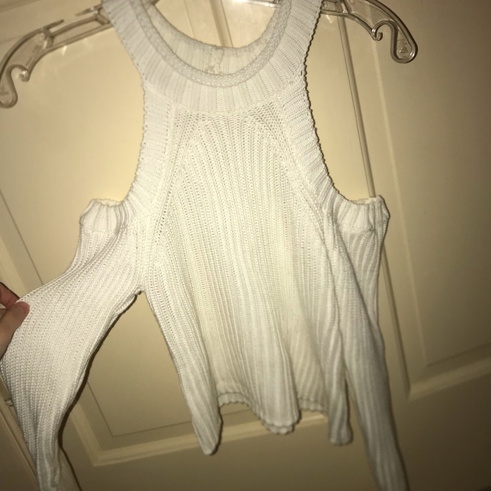White cutout shoulder cropped sweater